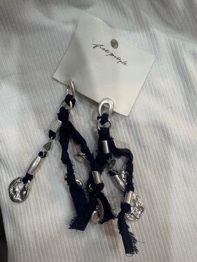 Free People Black Frayed Fabric & Silver Charm Drop Earrings